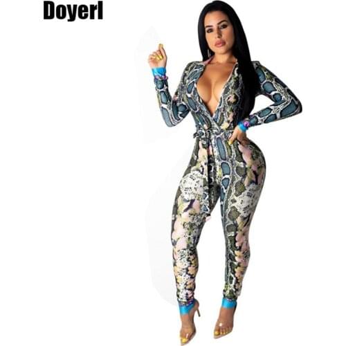 Animal Snake Print Sexy Jumpsuit Romper Women Long Sleeve Deep V Neck Pants Rompers Clubwear Party Bodycon Bandage Jumpsuit 2021