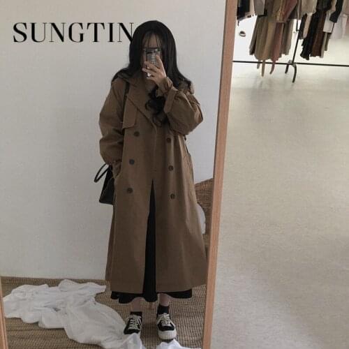 Sungtin 2021 Autumn Vintage Double Breasted Loose Trench Coat Women Belt Office Lady Solid Female Windbreaker Korean Chic Coat