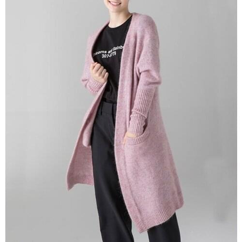 Women V-Neck Knitted Mid-Length Sweater Cardigan Ladies Long-Sleeved Loose Wool Blend Knitwear outwear Top With Pockets 2021