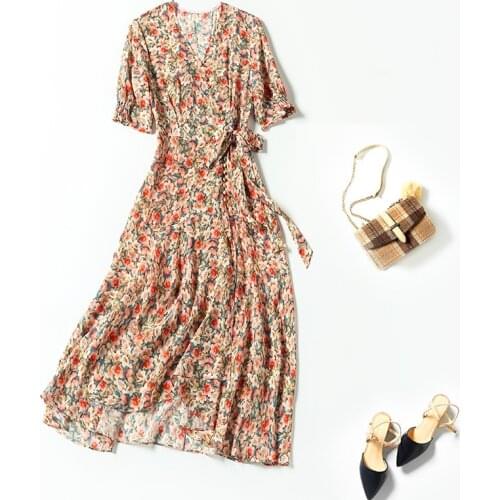 Korean Fashion Summer Dress for Women 2021 100% Silk Long Dress Female Floral Elegant Ladies Dresses Robe Femme Pph4940