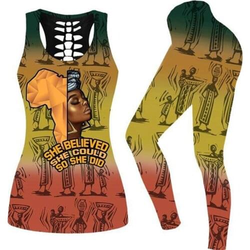 Ladies Summer Dress 2021 African Sexy Women 3D Printed Fitness Women Yoga Set Hollow Vest Tights Set High Waist Elastic Sports