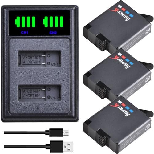 3Pcs 1680mAh AHDBT-501 AHDBT501 Batteries for Gopro Hero 5 6 7+ LED USB Charger with Type C Port For GoPro 5 Hero 6 Hero 7 Camer