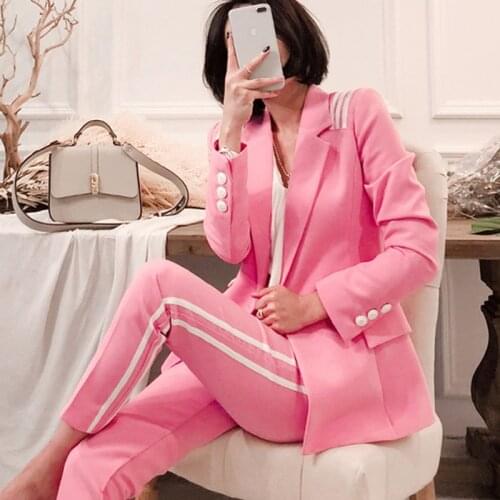 Elegant Blazer Pants Suits Women Streetwear Pink stripe Office Blazer Female Summer New Fashion Long Pants