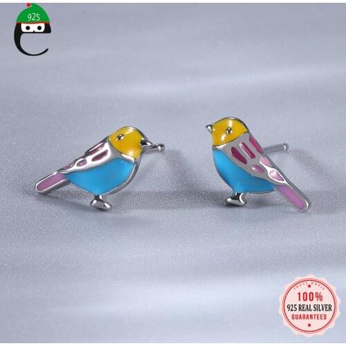 ElfoPlataSi Genuine 925 Sterling Silver Fashion Animal Glaze Birds Charm Stud Earring For Women Best Friend Fine Jewelry DA2184