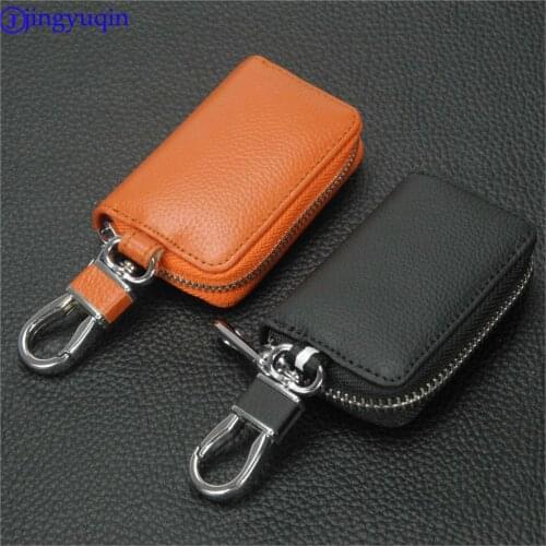 Jingyuqin Leather Men Women Key Holder House Keychain Bag Organizer Car Key Case Pouch Multifunctional Small Wallet Mini Purse