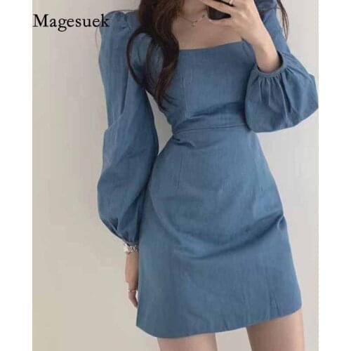 Korean Women High Waist Solid Puff Sleeve Bag Hip Short Dress Chic Square Collar Expose Clavicle Slim Fit Dress Vestidos 12148