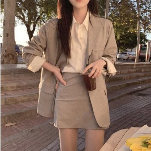 Two-Piece Suit Solid Suit With Suit Collar Female Korean Temperament Loose Suit Woman Casual Slim A-Line Skirt Ladies 2021