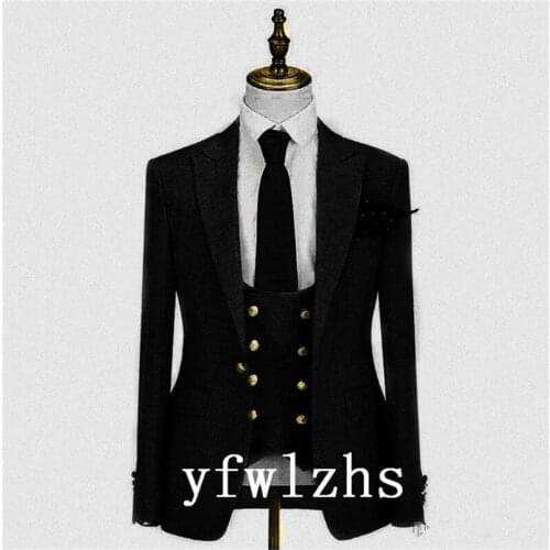 Handsome Groomsmen Peak Lapel Groom Tuxedos Wedding Dress Men Suits Blazer Prom Dinner (Jacket+Pants+Tie+Vest) A784