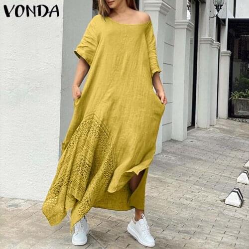 Summer Half Sleeve Dress VONDA 2021 Casual Cotton Holiday Plain Dresses Bohemian Vestidos Oversized Beach Sundress Femme Robe