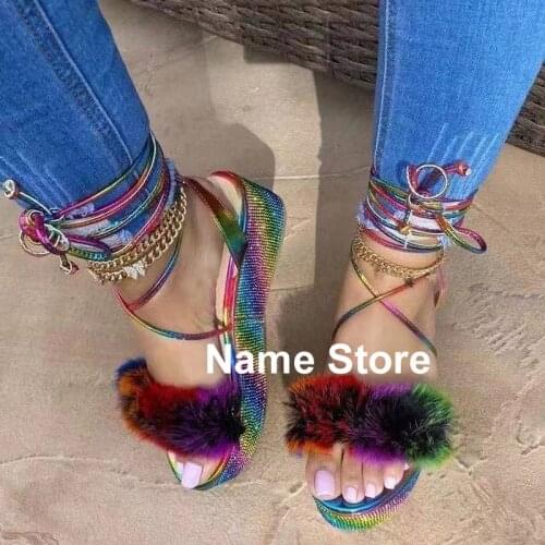 Summer Mid Heel Strappy Sandals Fashion Plush Open Toe Outdoor Casual Rhinestone Womens Shoes Plus Size 43