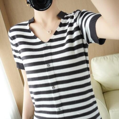 Summer womens T-shirt casual striped cotton knitwear v-neck pullover sweater short-sleeved plus size tees hot