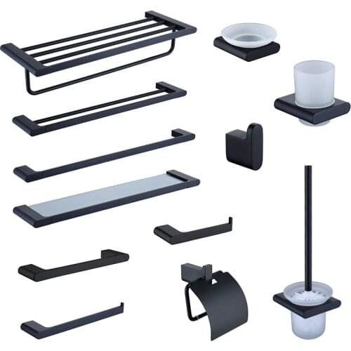 Matt Black Double Towel Bars Bathroom Towel Hanger Toilet Paper Tissue Holder Bathroom Accessories Toothbrush Holder Towel Ring