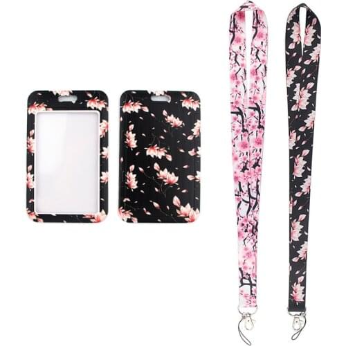 MD306 DMLSKY Cartoon Cherry Blossoms Lanyard Keychain key Badge Mobile Phone Rope Lanyard With Kawaii Card Holder Cover