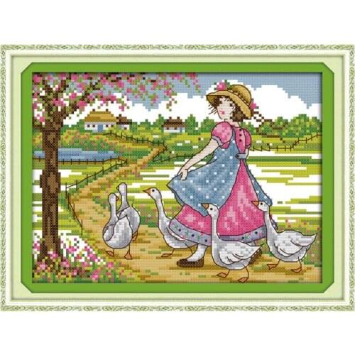 Grazing geese girl cross stitch kit 18ct 14ct 11ct count printed canvas stitching embroidery DIY handmade needlework