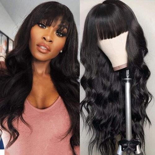 Raw Indian Hair Body Wave Wig Human Hair Wigs For Black Women Full Machine Made Wig with Bangs Natural Color Remy Human Hair Wig