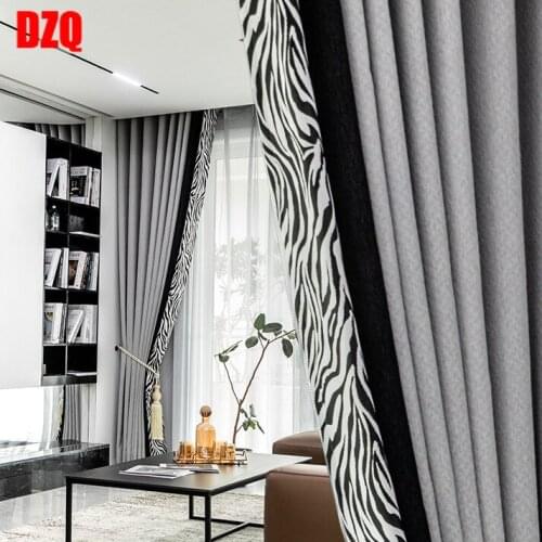 2021 New Modern American Living Room Black and White Gray Chenille Stitching Curtains Curtains for Living Dining Room Bedroom