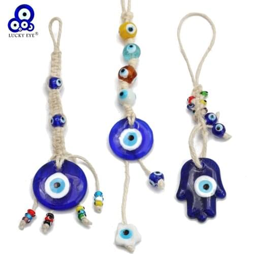 Lucky Eye Glass Fatima Hand Turkish Evil Eye Pendant Wall Hanging Bead Star Tassel Decorations for Home Living Room Car BE255
