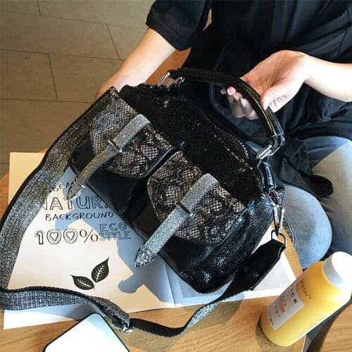 Ladies Handbag Sequined Designer Motorcycle Biker Shoulder Crossbody Bag Female Snake Print Casual Tote Bag Fashion Shopper Bag