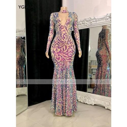 Mermaid Sequin Evening Dresses 2021 V Neck Long Sleeves Floor Length African Girls Saudi Arabic Women Formal Prom Gowns
