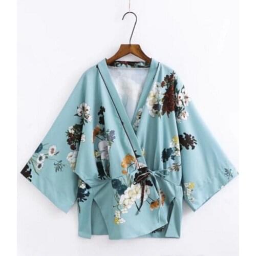 Vintage Bow Tie Waist Flower Print Kimono Shirt 2020 Woman Long Sleeve Cross V Neck Batwing sleeve Blouse Femme Blusas