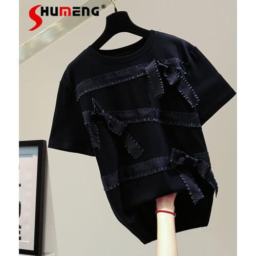 2021 Summer Loose Cotton Tshirt Woman Solid Color Top Personality Bow Patchwork Casual Short Sleeve T-shirts Tops