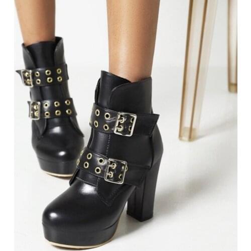 Ochanmeb Big Plus Size 48 Boots Women Punk Metal Eyelet Buckle Booties Woman Chunky Block Heels Platform Ankle Boots Shoes White