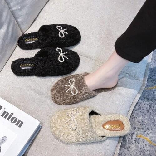 Packed half-slippers women wear 2020 autumn/winter new bow water drill flat Muller shoes ladies warm cotton drag