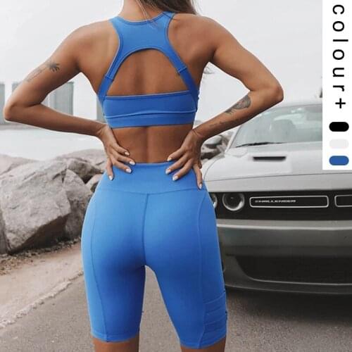 Womens Gym Suits Shorts Summer Backless bra Sportswear Solid Matching Vest Fitness High Waist Shorts Workout Fitness 2PCS Sets