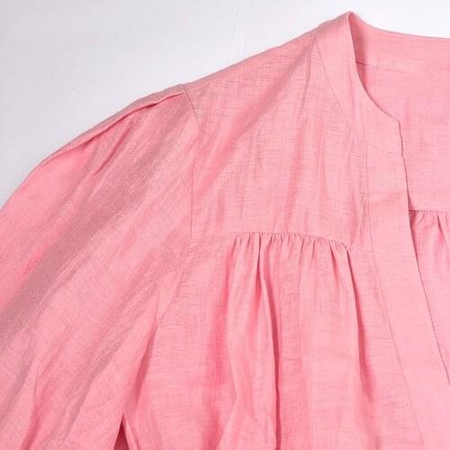 Pink Short Robe Puff Sleeve Two Pieces Set V-Neck Buttons 2021 Summer Womens Mini Dress Sweet Girls Loose Dress