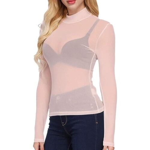 Women Sexy Long Sleeve Mesh See-through Top Fashion Solid Color Tops for Party Club