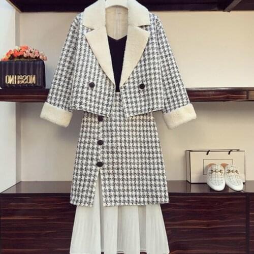 Plus Size Women Winter Tweed Two Piece Set For Women Plaid Notched Long Sleeve Coats And Chiffon Ruffles Patchwork Skirt Sets