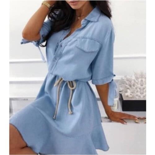 Vestido camisero azul Summer plus size 1/2 sleeve button up turn-down collar ruffle mini shirt dress Chic robe chemise femme