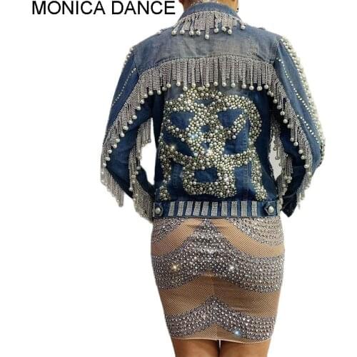 Women Sexy Stage Silver Rhinestones Dress Pearls Rivet Denim Jacket Women Singer Dancer Dress Bar Birthday Evening Prom Dress