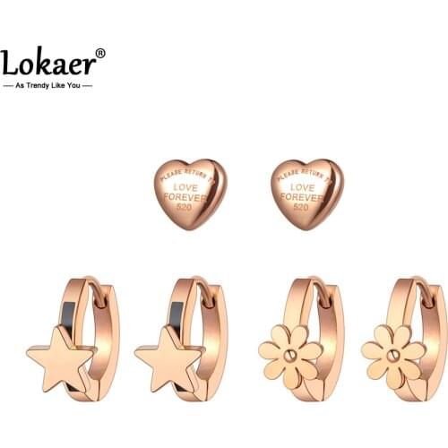 Lokaer Trendy Titanium Stainless Steel Star Heart Flower Charm Earrings Jewelry 3Pair/Set Party Earrings For Women Girls E20222