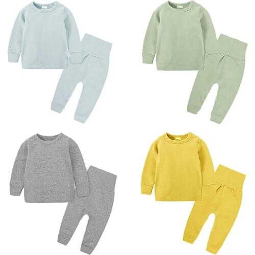 Children Girls Boys Sleepwear Pajamas Sets Home Wear Pure Color Cotton Skin-Friendly Autumn Long Sleeve Shirt+Pants 2 Pcs