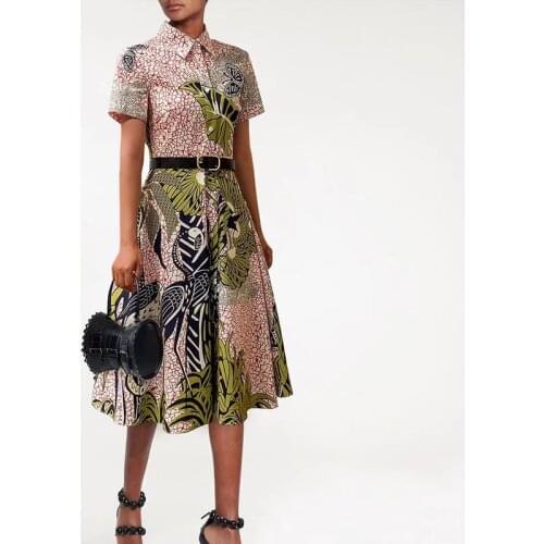 2021 Summer Dress Women Vintage Flower Printed Turn-down Collar Short Sleeve High Quality Dresses