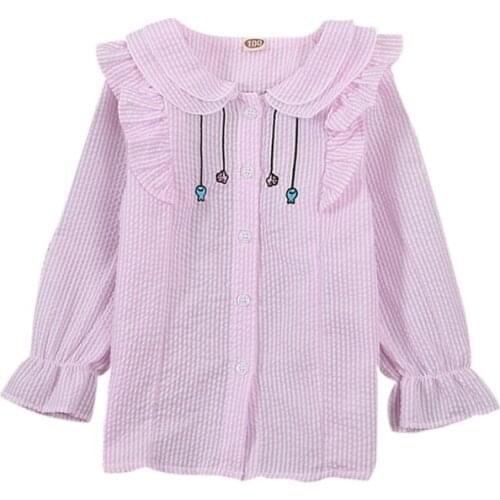 2021 Autumn Baby Girls Cotton Shirt Embroidery Striped Tops Blouse Long Sleeve Children Casual Shirts
