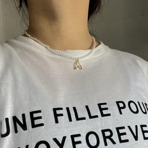 Fashion Tiny Pearl Dainty Initial Cute lovely Letter Name Chain Necklace For Women Pendant Bead Jewelry Choker Accessories Gift