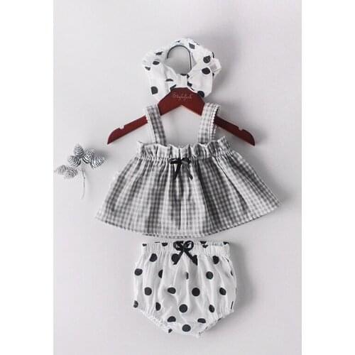 FOCUSNORM Newborn Baby Girls Clothes Sets 0-24M Plaid Sleeveless Dress Vest Tops Polka Dot Shorts Headband