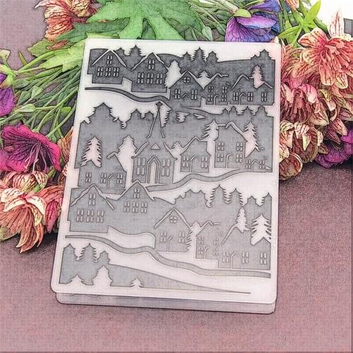 PANFELOU The village in the woods Embossing folders Plastic For Scrapbooking DIY Template Fondant Cake Photo Album Card Making