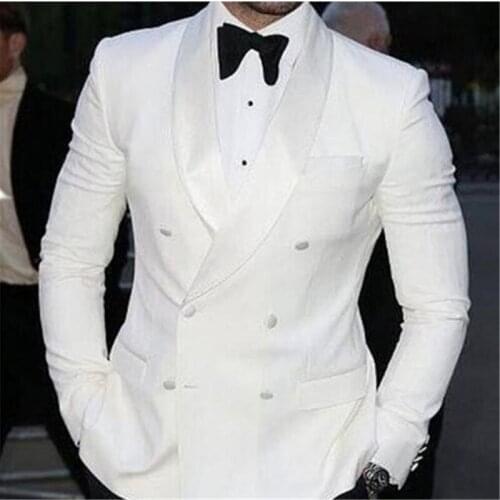 Costume Homme White Double Breasted Terno Groom Tuxedos Groomsmen Mens Wedding Suits Groom Prom Blazer( Jacket+Black Pant+Tie)