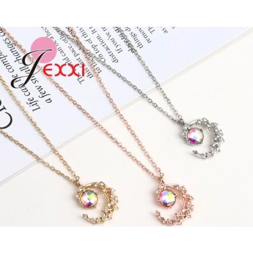 Fashion 925 Sterling Silver Crescent Moon Pendant Necklaces For Women Girl Cubic Zircon Choker Necklace Jewelry Accesories