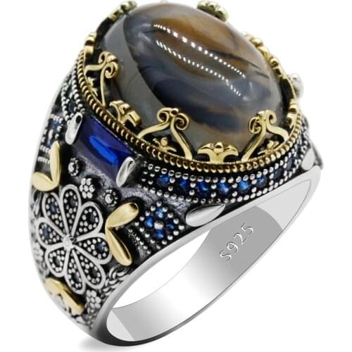 925 Sterling Silver Turkish Classic Vintage Brass Jewelry Rings with Gemstone Natural Agate Stone for Men Women Birthday Gift