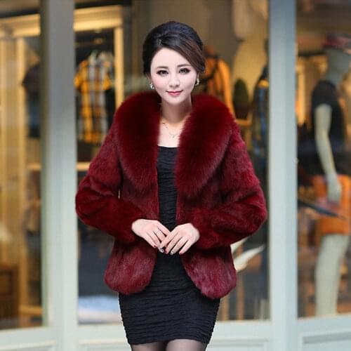 2015 new womens winter fox fur collar full pelt real rabbit fur coat female short design long sleeve fur outwear