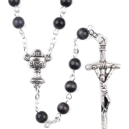 First Communion 6mm Cats Eye Stone Beads Rosary Holy Cup Cross Necklace White Black Catholic Rosaries