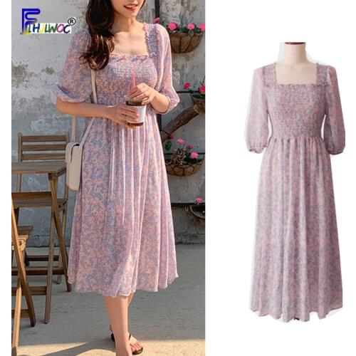 Floral Print Chiffon Dresses Woman Fashion Short Sleeve Flhjlwoc Korea Japan Style Strapless Prairie Cute Chic Purple Dress 7520