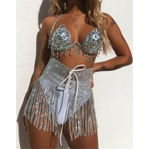 2021 New Fashion Women Sexy Rhinestone Tassel Skirts Glitter Lace-up High Waist Diamonds Mini Skirts Clubwear S M L