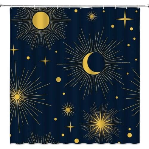 Moon and Sun Shower Curtains Stars Planet Hand Painted Abstract Art Pattern Bathroom Decor Polyester Cloth Hanging Curtain Set