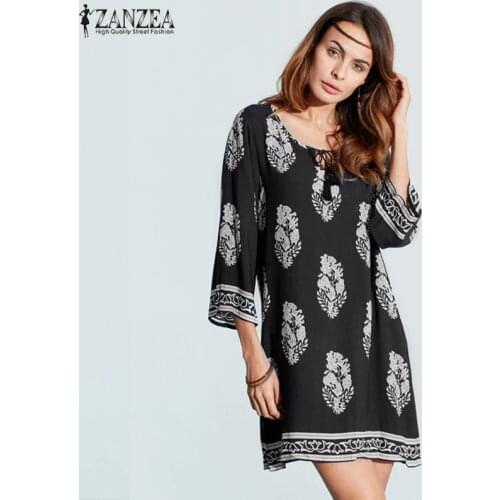 ZANZEA 2021 Womens Floral Print 3/4 Sleeve Retro Lace-up V Neck Tassel Loose Casual Beach Party Short Mini Dress Plus Size