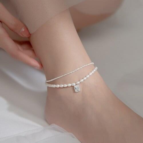 Pearl Anklet 925 Sterling Silver Beach Adjustable Square Cubic Zirconia Dangle Double Layer Foot Decorations Chain For Women